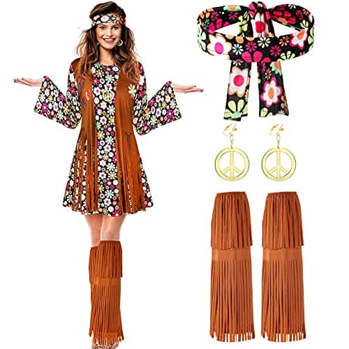 SATINIOR 70s 60s Hippie Costume Set 70s Outfits Accessories for Carnival Party Halloween Women Disco Dress for Girls(Black Floral, Adult Size (small))