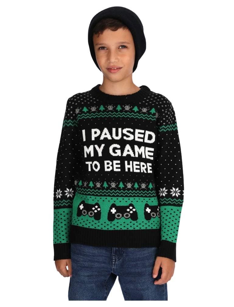 Tstars Gamer Ugly Christmas Sweater Kids Gifts for Gamers I Paused My Game to Be Here Youth Holiday Xmas Sweaters Medium Multicolor