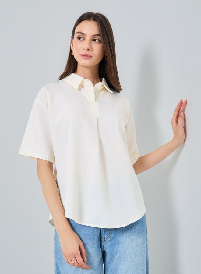 Take Two Oversized Spread Collar Short Sleeve Blouse