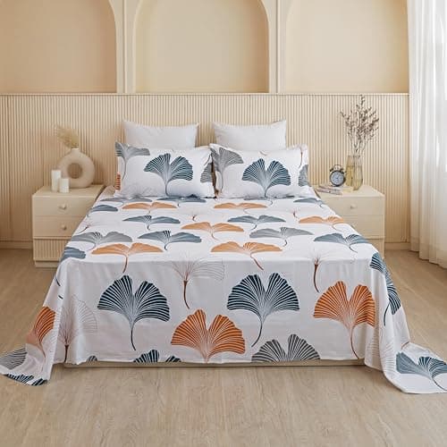 HOMEMONDE Cotton 210 TC Flat Bedsheet Soft Breathable Leaf Printed Double Bedsheets with 2 Regular 18 x 28 Size Pillow Covers, Mustard and Grey - 84 x 90 Inches | Perfect for Home Decor & Gifting