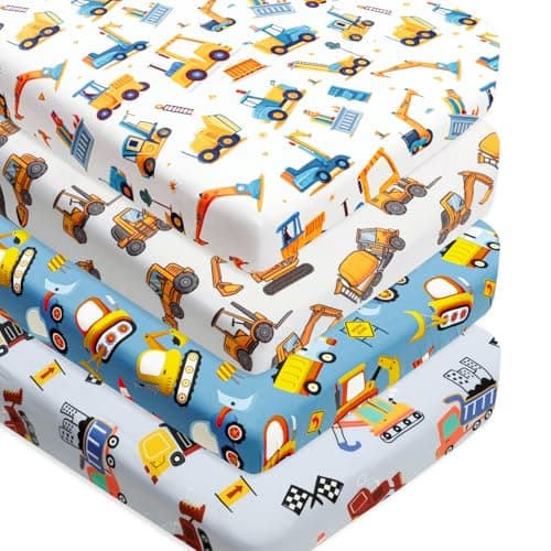 4 Pack Baby Boy Crib Sheets Set Soft Fitted Baby Boy Mattress Covers Construction Truck or Dinosaur Theme Breathable Toddler Sheets for Infant Boys Construction Truck Crib Sheets