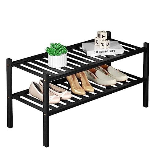 ROMGUAR CRAFT 2 Tier Bamboo Shoe Rack for Closet Free Standing Wood Shoe Shelf for Entryway Small Space Stackable 27"x11"x13" (Black)