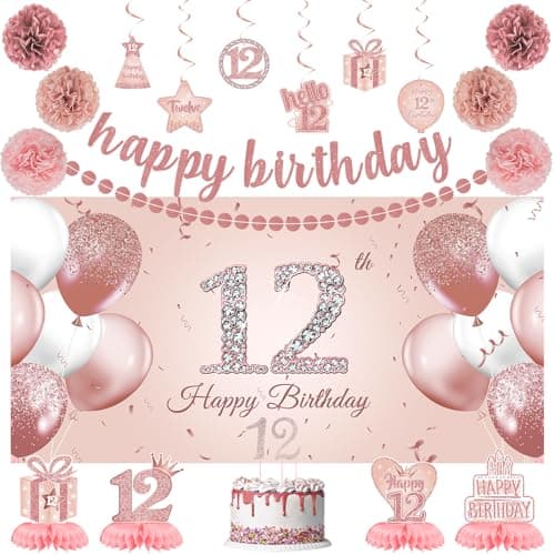 Roetyce 12th Birthday Decorations for Girls 20PCS Rose Gold 12th Birthday Banner Pom Poms Hanging Swirls Centerpiece Cake Topper Kit Pink Happy 12th Birthday Party Decor for Her 12th BDay Backdrop