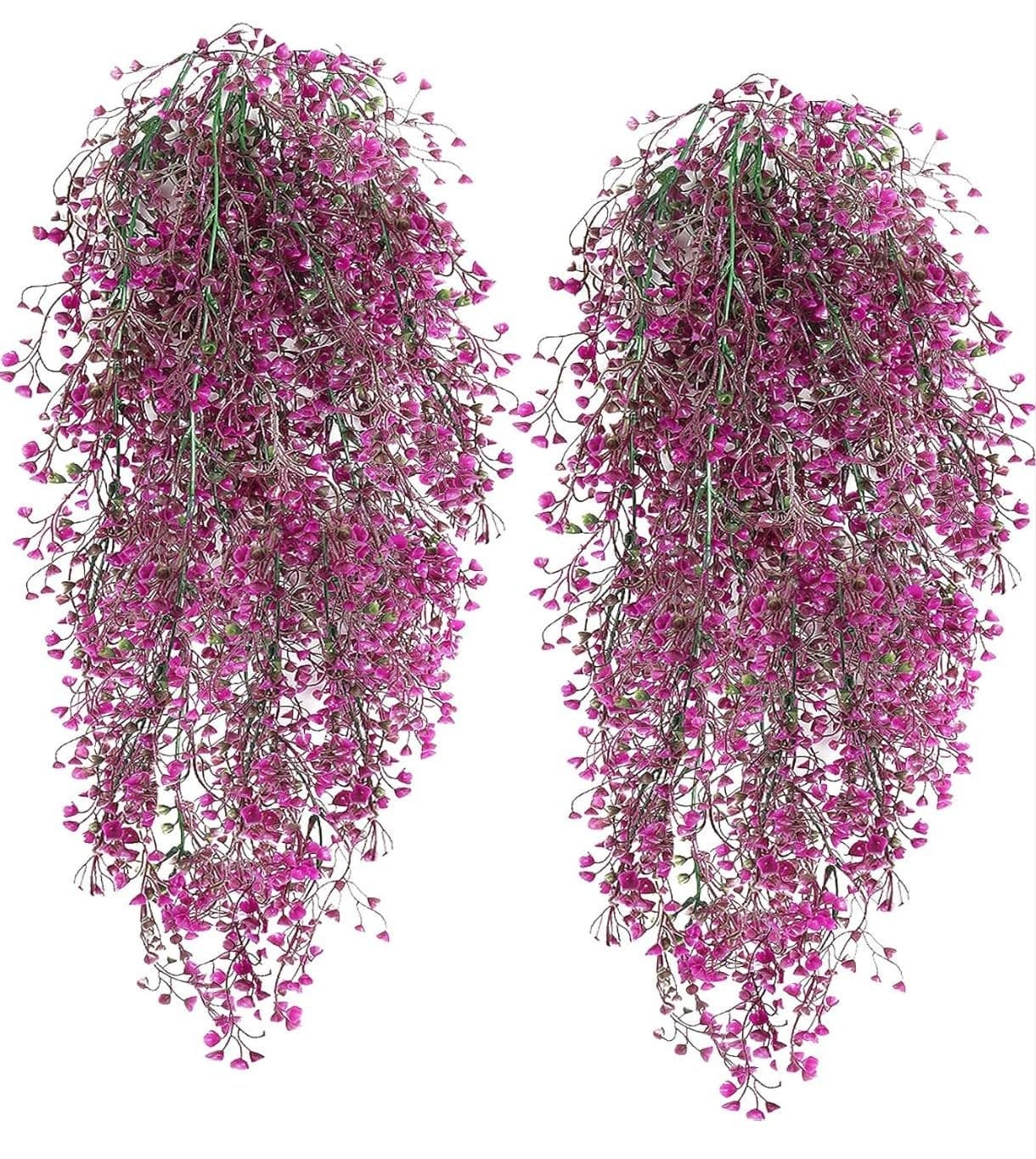 VRB Dec 2 Pcs Artificial Dry Baby's Breath Greenery Hanging Plants Vines Fake Ivy Hanging Flowers Vine Wall Hanging for Home Decor,Wall,Balcony Decoration. (2, Fushia Baby's Breath Fern Hanging)