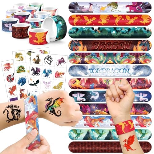 BOIKOKY 60 PCS Dragon Party Favors Set 36 Temporary Tattoos Sticker 24 Slap Bracelets for Kids Perfect for Birthday Parties Classroom Rewards and Gifts