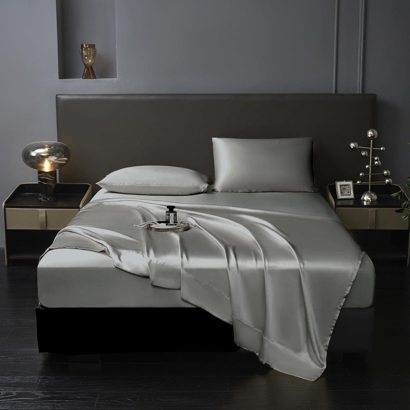 Revdomfly 4 Pcs Full Size Luxury Silky Soft Grey Satin Sheet Set1 Premium Moisture Wicking Fitted Sheet Fits Up to 16 Inches Deep Pocket 1 Flat Sheet 2 PillowcasesGrey Full