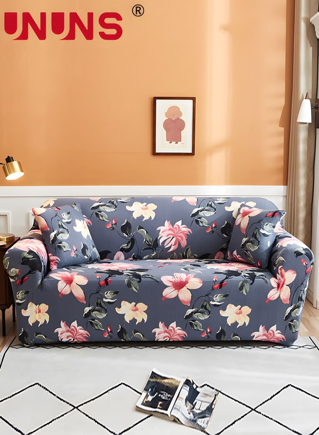 4-Seater Sofa Protector Cover,Printed Stretch Couch Covers With 1 Free Pillow Case,Begonia Flower Pattern Sofa Slipcover,235-300CM