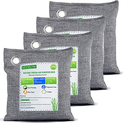 NIYIKOW Charcoal Bags Odor Absorber Large 4Pack x 200g Nature Fresh Bamboo Charcoal Air Purifying Bags Activated Charcoal Odor Absorber for Home Car Closet Pets Basement Odor Eliminator Grey