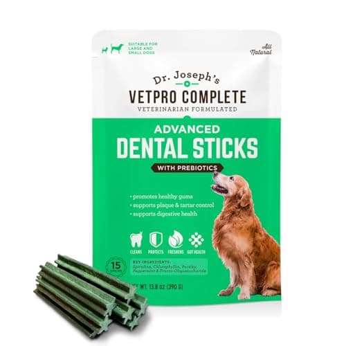 Vetpro Complete Advanced Dental Sticks with Prebiotics, 15 Sticks, Cleans Teeth, Freshens Bad Breath, and Supports Gut Health, Target Tartar and Plaque Build Up, Veterinarian Formulated