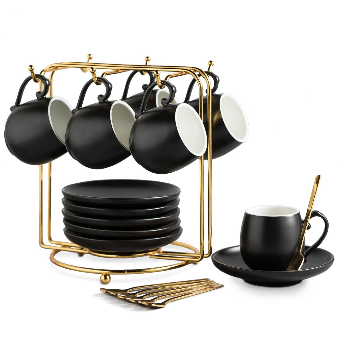 LYEOBOH Espresso Cups and Saucers Set Ceramic Coffee Cup 3 Ounces Small Demitasse Cups Espresso Mugs with Spoons Metal Stand for Cappuccino Latte Tea Set of 6 Black