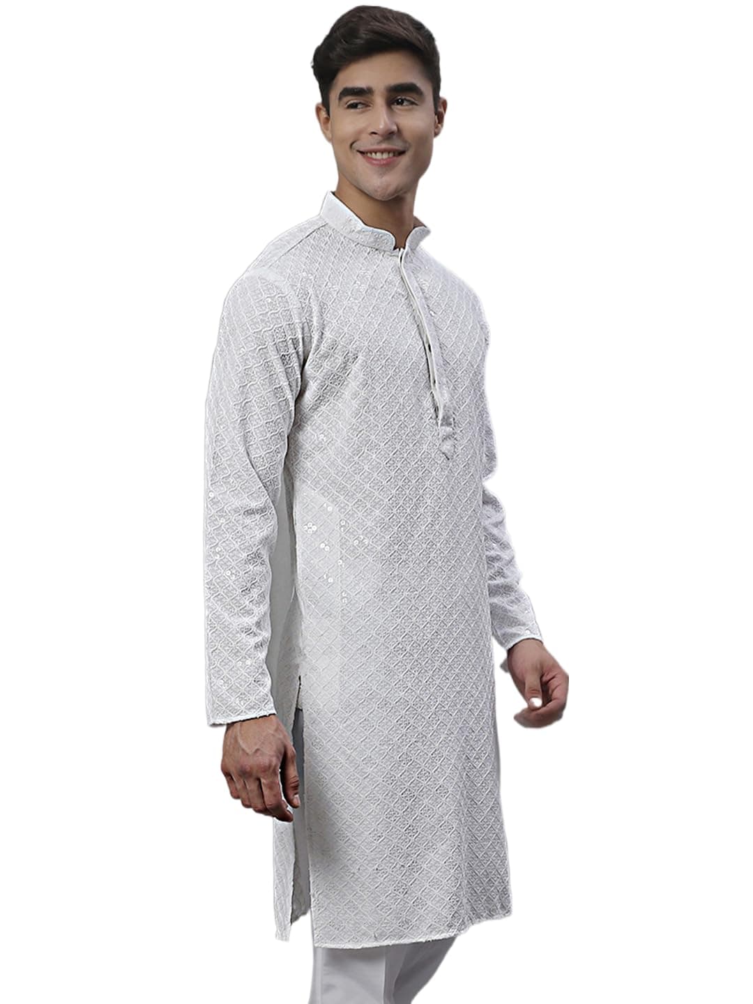 Jompers Men's Chikankari Embroidered and Sequence Kurtas Only (White, L)