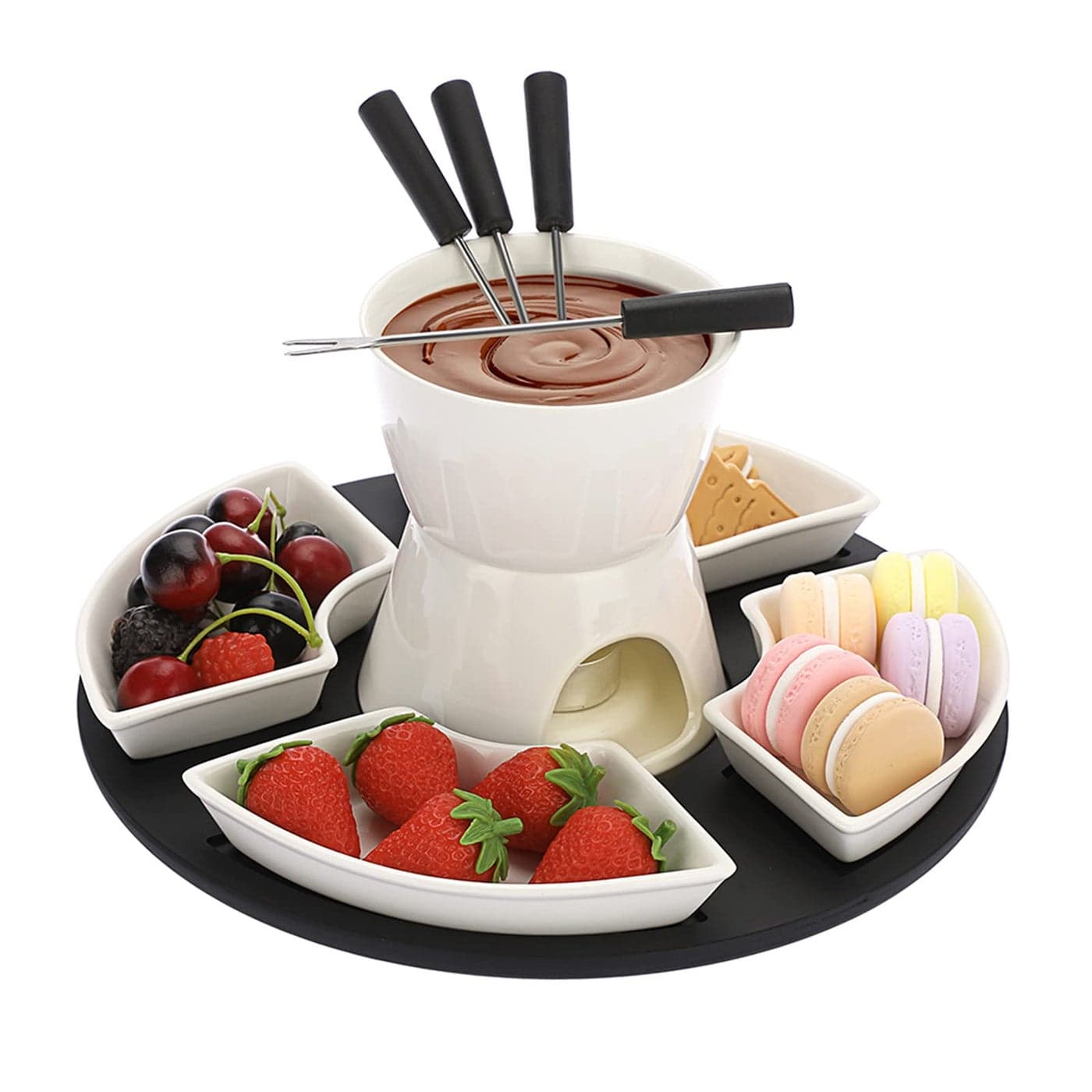 BSTKEY White Ceramic Chocolate Fondue Pot Set Cheese Ice Cream Warmer 300ml Butter Fondue Set Tea Light Candle Fondue Pot with Wooden Pallet and 4 Forks and 4 Dishes