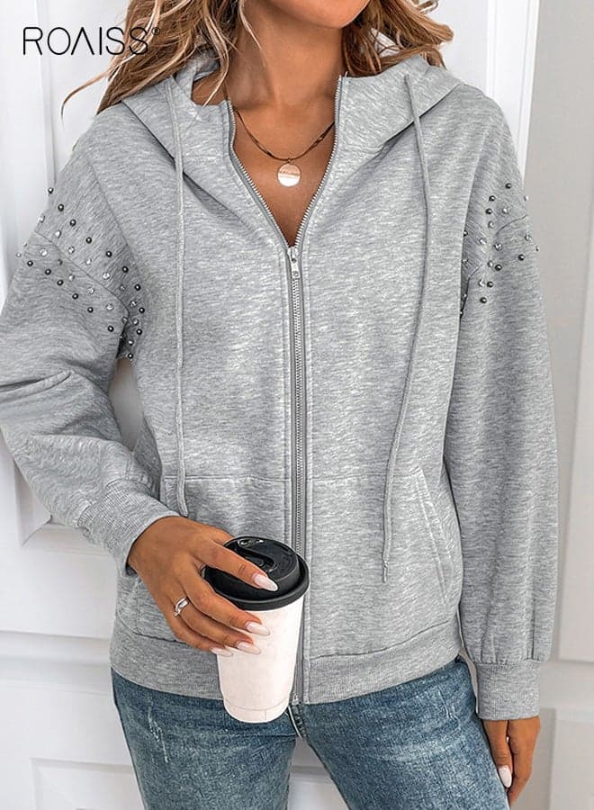 Women's Hoodie, Long-Sleeve Solid-Color Pullover Casual Streetwear Jacket, Stud-Decorated Zipper Sweatshirt, Comfortable and Warm Winter Sweatshirt Everyday Wear, Light Gray
