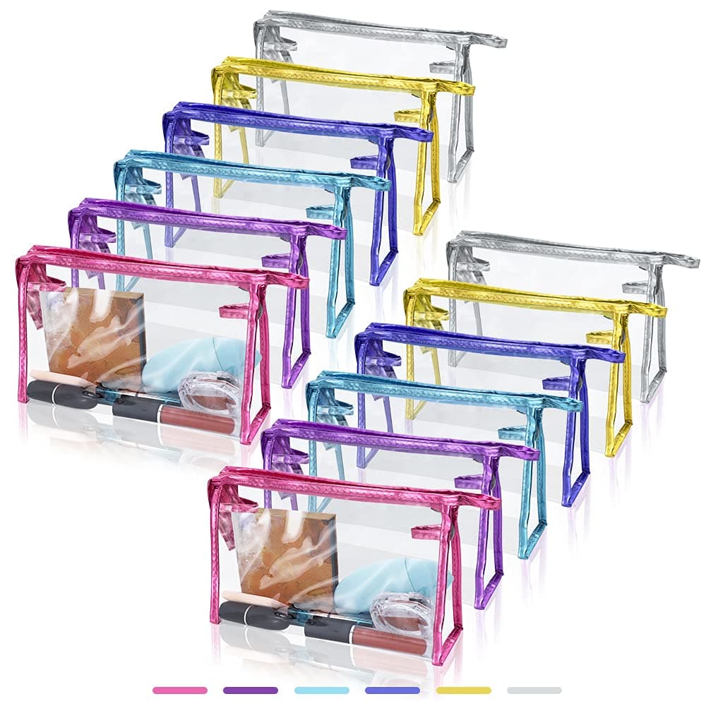SITAKE 12 Pcs Portable Transparent Cosmetic Bags Clear Waterproof Makeup Bags with Handle PVC Travel Toiletry Bags Pouches Clear Pencil Cases Stationary Organizers6 Colors