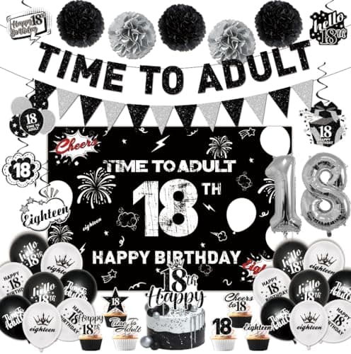 18th Birthday Decorations for Boys Include Time To Adult BannerBackdropBalloonsFoil BalloonsCake TopperCupcake ToppersHanging Swirl for 18 Year Old Birthday Decorations
