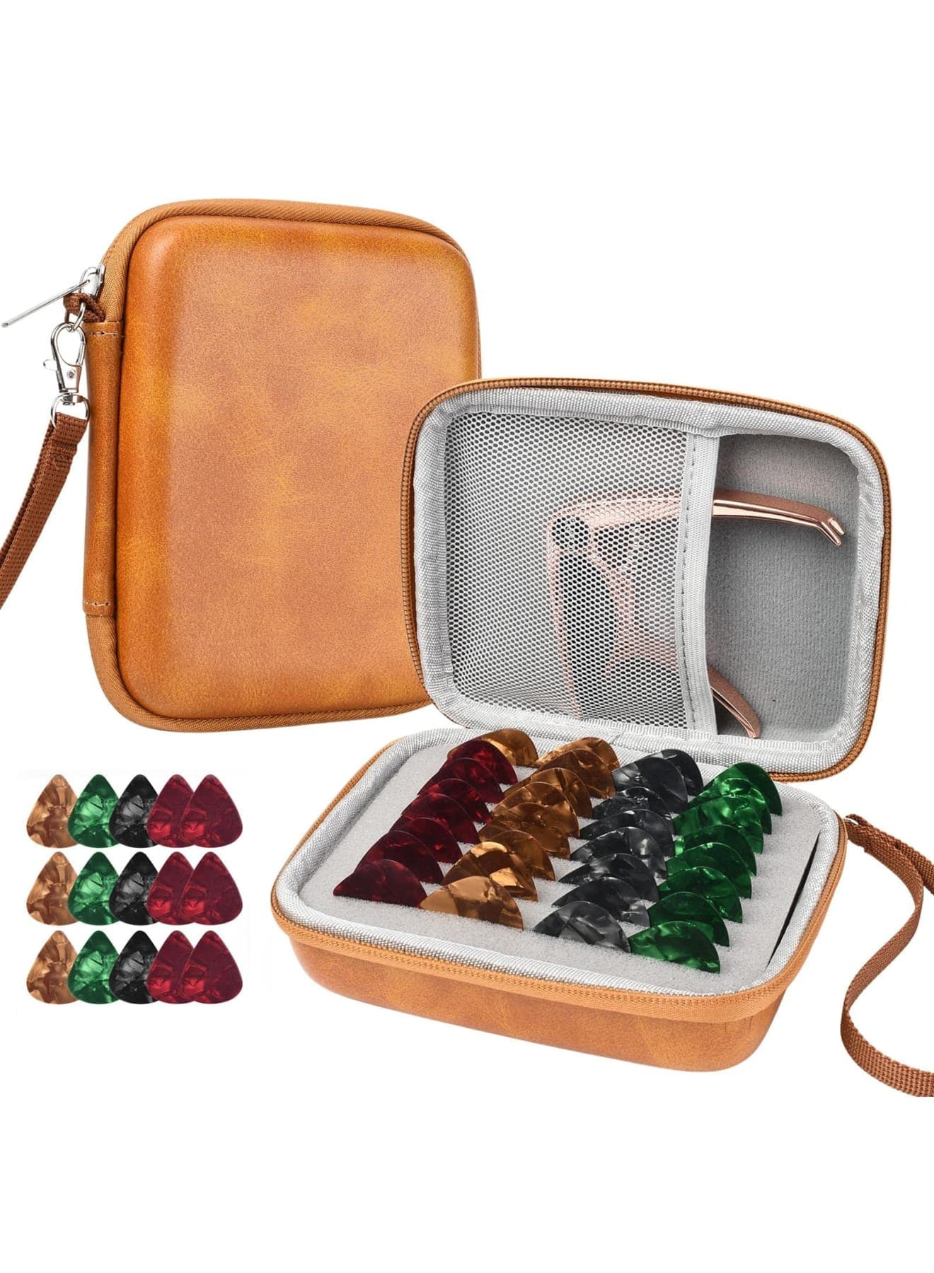 Guitar Pick Holder Case for Acoustic & Electric Guitar, Compact Hard Shell Travel Organizer Bag with Mesh Pocket, Fits All Size Picks, Bass Plectrums & Accessories, Brown