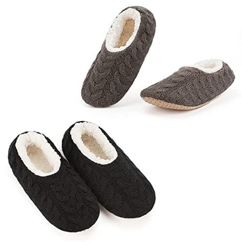 Cozylook 2-PK House Slippers for Women Indoor, Furry Non-slip Shoes, Cozy Fuzzy Fluffy Warm Bedroom Slippers With Soft Sole, Black Grey Size 5-6