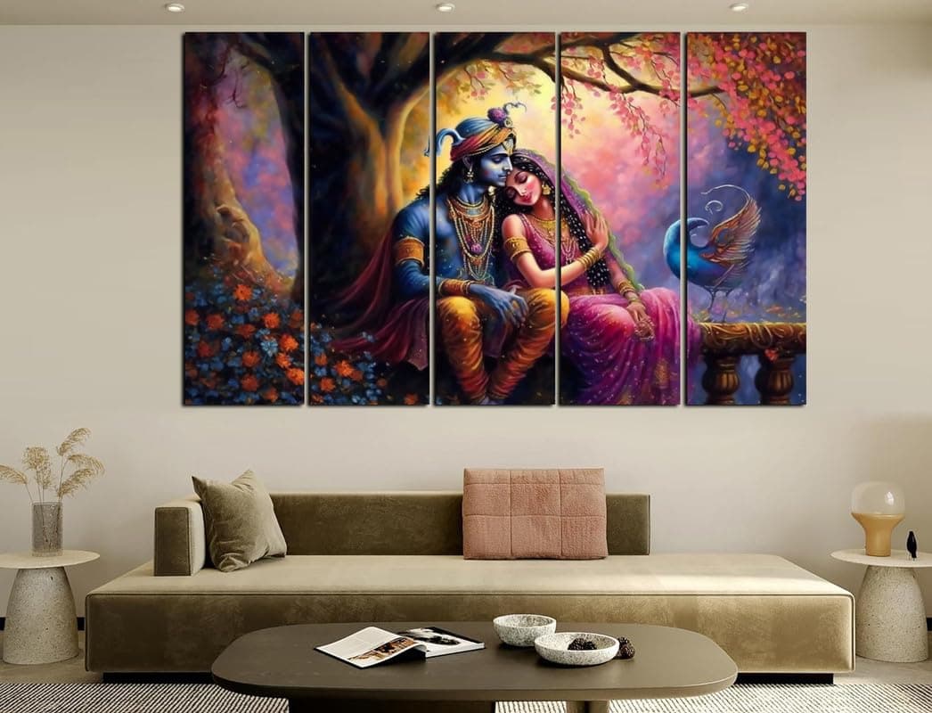 CN RETAILS Radha Krishna Wall Art for Home Decor | 5-Piece Framed Painting | 30x48 Inch Large Spiritual Canvas for Living Room, Bedroom, Pooja Room | Hindu God Love Wall Décor SS36_07