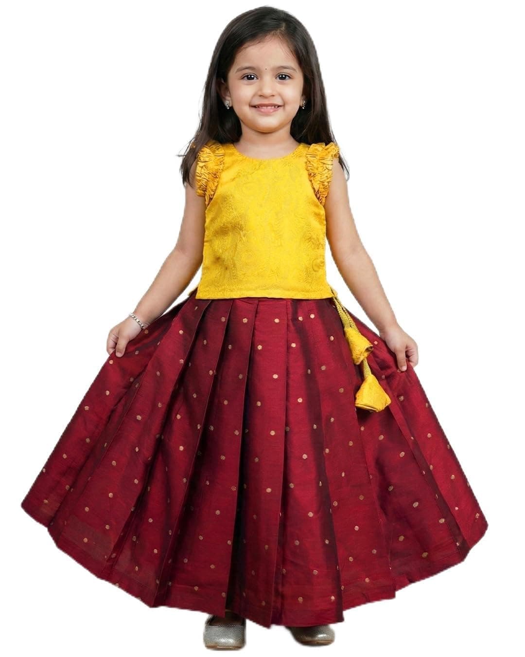 Stanwells Kids Maroon & Yellow Combo Girls Silk Lehenga Choli | Traditional Party Perfect & Festive Dress | Ethnic Outfit for Your Little Princess (5–6 Years)