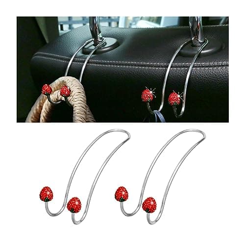BESULEN Strawberry Car Decor Hooks 2 Pack Bling Diamond Seat Back Organizers Auto Headrest Storage Hangers Hooks for Purse Handbag Clothes Grocery Universal Car Accessories for Women Red