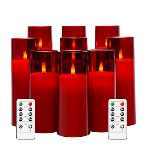 kakoya Flickering Flameless Candles Battery Operated with Remote and 2/4/6/8 H Timer Plexiglass Led Pillar Candles Pack of 9 (D2.3 xH5.5 6.5" 7.5") with Realistic 3D Wick Candles for Home Decor(Red)