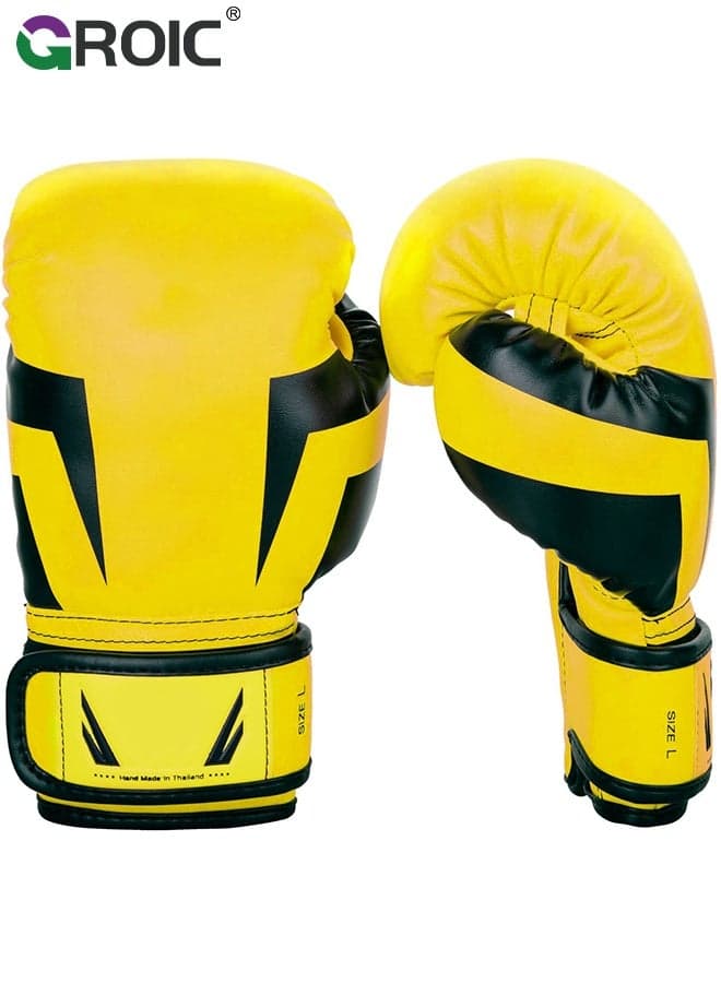 12OZ Boxing Gloves PU Leather, Muay Thai Kickboxing MMA Sparring Training, Advanced TAKKA Closure, Padding, Punch Bags Speed Ball Focus Pads Workout(Yellow)