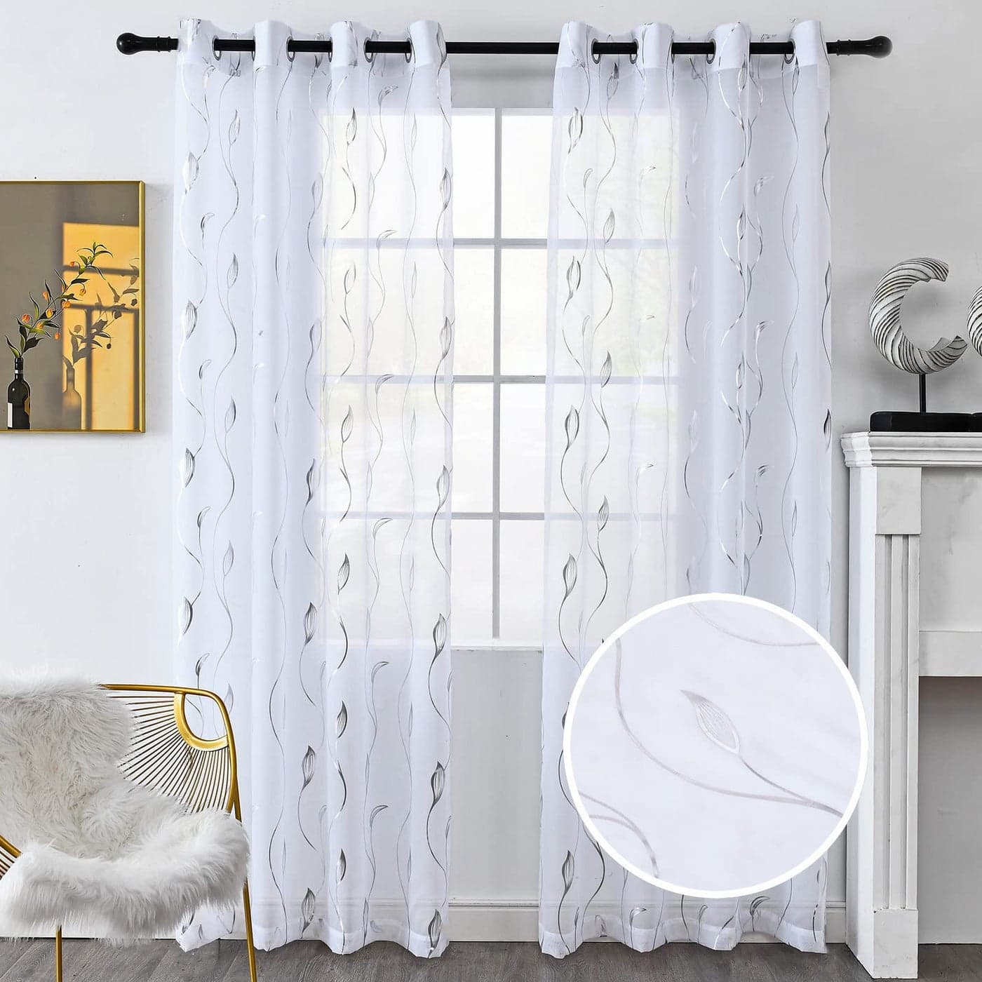 youleyar Silver Foil Print Voile Sheer CurtainsWicker Grommet Top Window Drapes 84 Inches Long Luxury Metallic Bronzing Treatment Panels for Home Window Decoration 2 Panels
