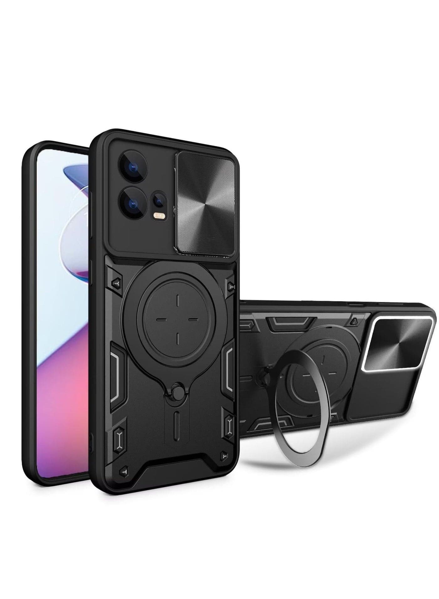 Motorola Moto G72 4G Black Mobile Phone Case Cover, Slide Camera Lens Cover, 360°Rotating Kickstand Ring, Bumper Shockproof Phone Case,Compatible with Car Magnetic Mount