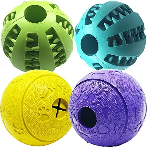 Jalousie Dog Puzzle Balls Dog Treat Dispensing Balls NonToxic Natural Rubber Dog Chew Toys for Puppy Pet Dog Teething Puzzle Playing Treat Dispenser Rope Balls Large 4 Pack