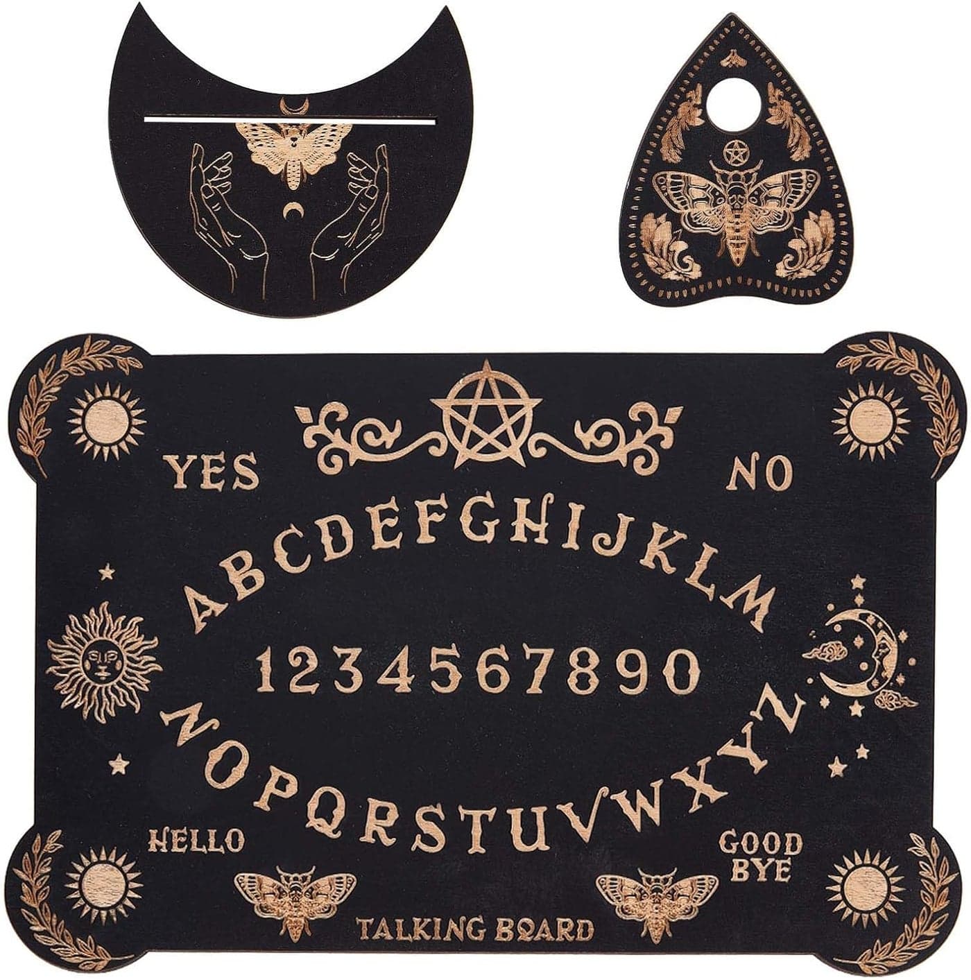 CREATCABIN 3Pcs Wooden Spirit Board Kit Tarot Card Stand Holder Moth Divination Board Set with Planchette Black Altar Card Display Stand Rectangle Talking Board for Witch Board Divination Tools