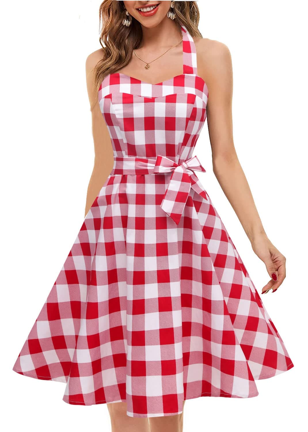 Topdress Women's Vintage Polka Audrey Dress 1950s Halter Retro Cocktail Dress Red White Plaid M