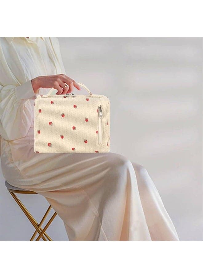 Makeup Bag Zipper Pouch Travel Portable Cosmetic Bag Organizer for Women and Girls(Strawberry Corduroy beige)