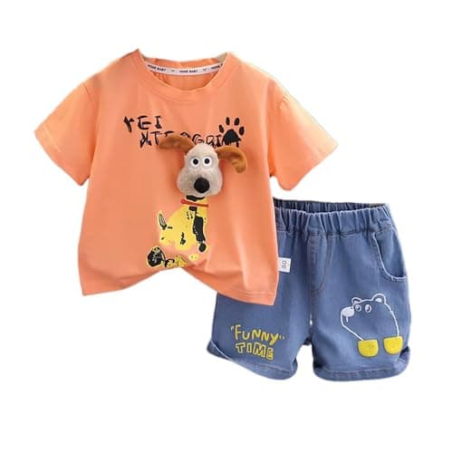 Bold N Elegant Boys Cotton T-shirt and Denim Shorts Set with 3D Puppy Plush Toy Party Dress for Infant Toddler Preschool Boys (Orange, 4-5 Years)