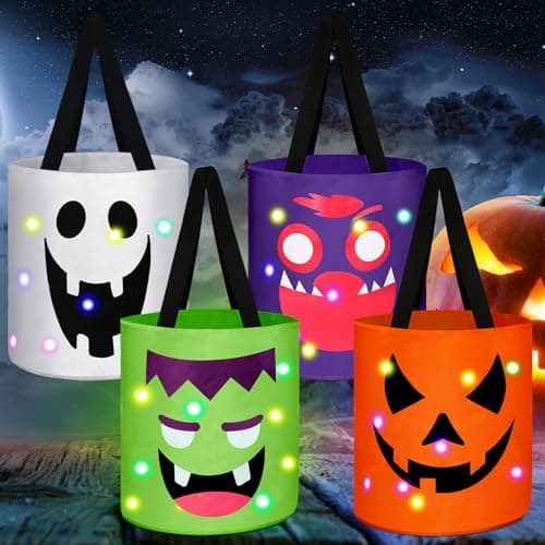 Yaomiao 4 Pcs Halloween Trick or Treat Bucket for Kids Light up Pumpkin Candy Bags LED Halloween Treating Baskets Reusable Goodie Gift Tote Bag for Party Favor Supplies(Green)