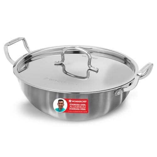 Wonderchef Stella Triply Stainless Steel Kadhai with Lid | 28 cm, 4.5 litres | Compatible with Gas Stove, Induction, Ceramic Cooktop | Non-Toxic | Heavy-Duty Handle | 10-Year Warranty