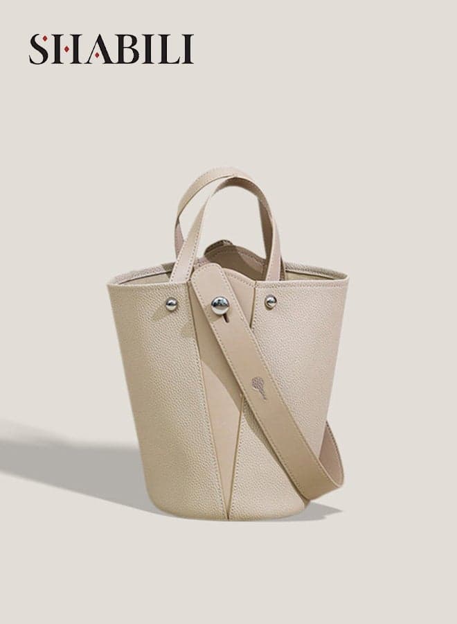 Women Crossbody Bucket Tote Bag in PU Leather for Daily Casual Travel, Ladies Large-Capacity Bucket Shape Multi-Pocket Shoulder Sling Satchel Cross Bags Clutch Handbag for College Youth (Beige)