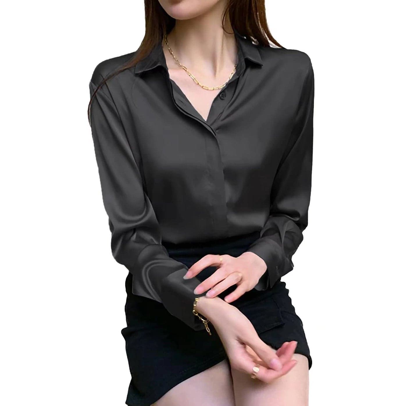 Women's Satin Blouse Fashion Long Sleeve Satin Silk Shirt Work Office Top Casual Shirt,Black,S