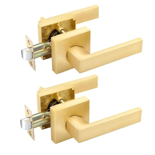 EHOMEWARE 2 Pack Closet Door Handles Interior Non-Locking Lever Set for Hallway Door or Closet with Satin Brass Finish, Reversible for Right or Left Side