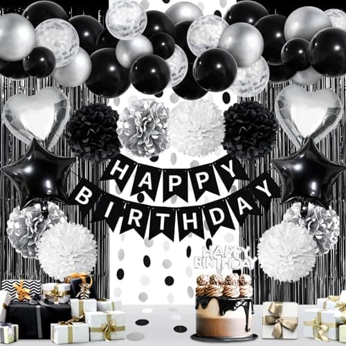 ZERODECO Black White Birthday Party Decorations Happy Birthday Banner Pompoms White Black Balloon Arch Fringe Curtain Party Dcor for Men Women Black and White Party