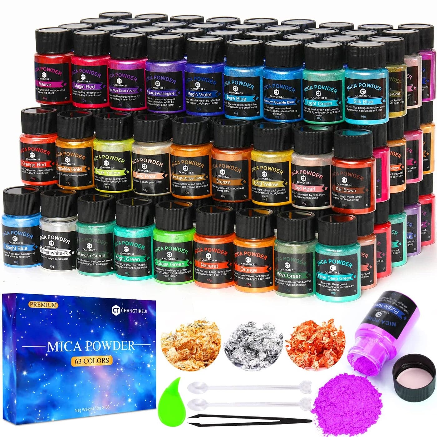 CHANGTIKEJI Mica Powder63 Colors 10gBottle of Natural Pigment Powder for Epoxy ResinLip GlossEye ShadowCar Paint DyeSoap MakingNail PolishCandle MakingBath Bombs