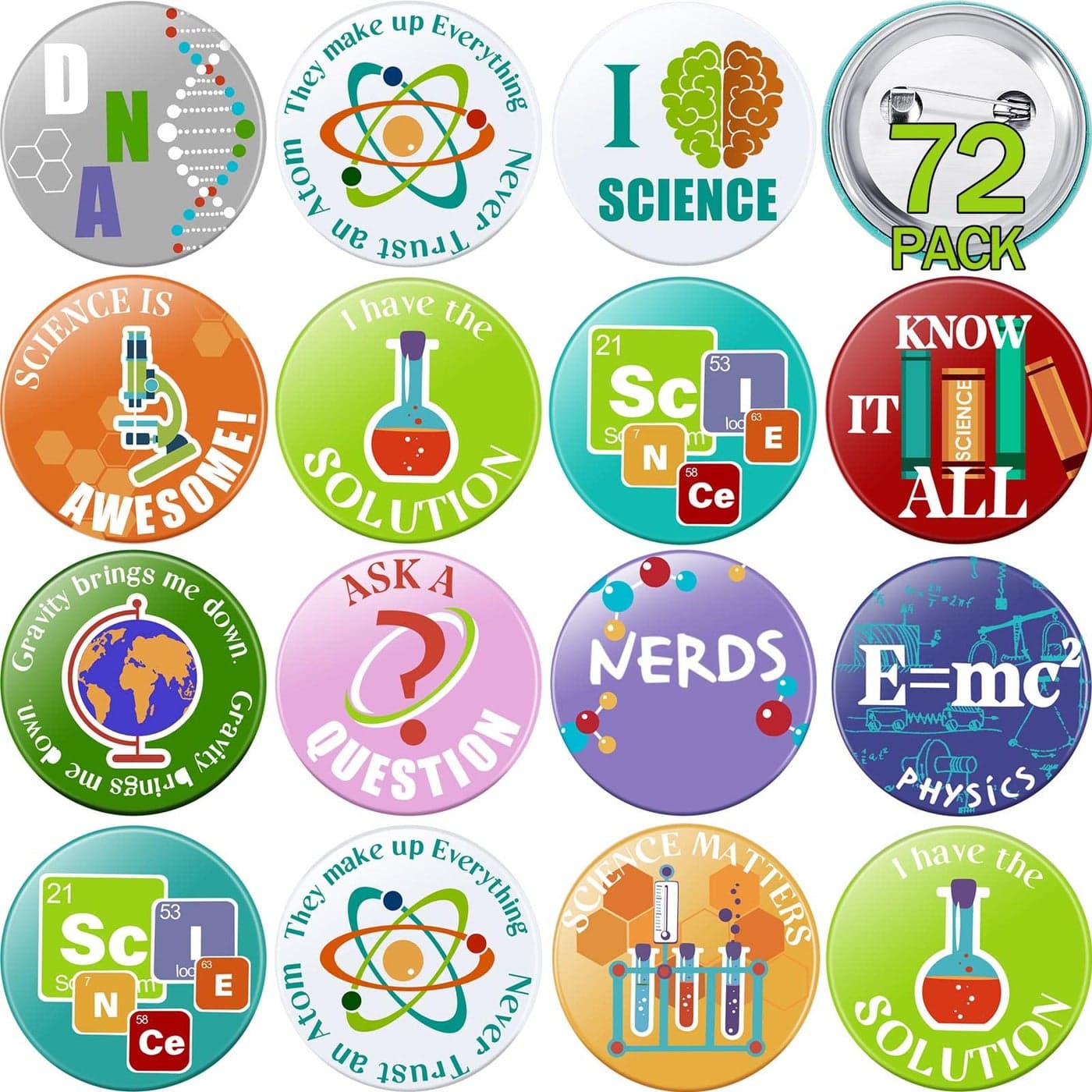 WILLBOND 72 Pieces 72 Pcs Science Pins Party Favors Buttons Bulk Science Theme Pinback Buttons Chemistry Lab Pins for Birthday Party Decorations Accessories 12 Styles