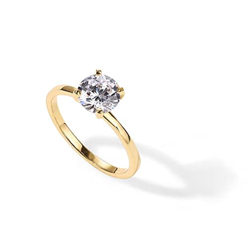 PAVOI 14K Sterling Silver Yellow Gold Plated Round Cut Solitare 1.5 CT Moissanite Engagement Ring and Wedding Band for Women - Moissanite Promise Rings