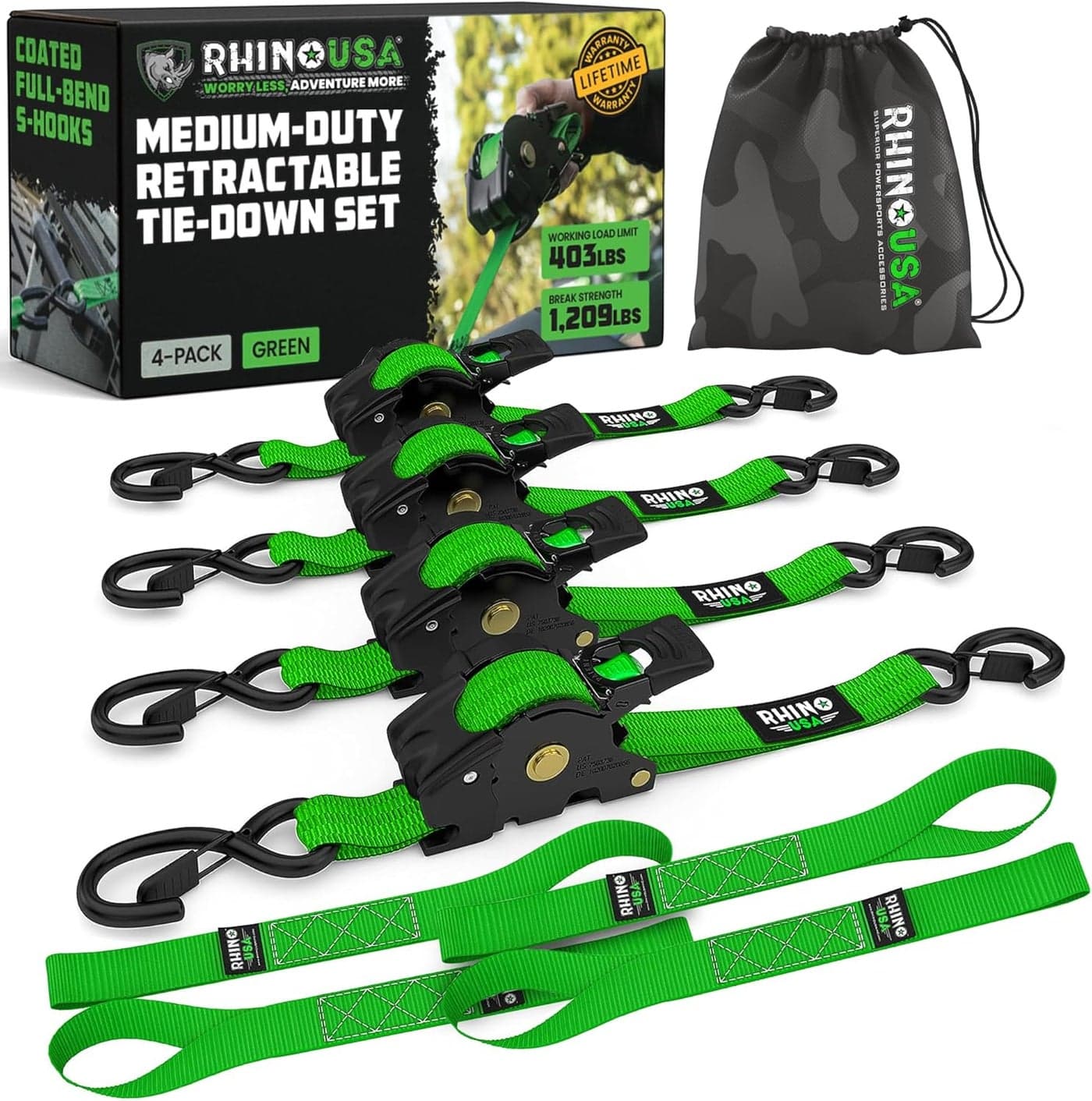 Rhino USA Medium-Duty Retractable Tie Down Straps Set (4-Pack) - Green