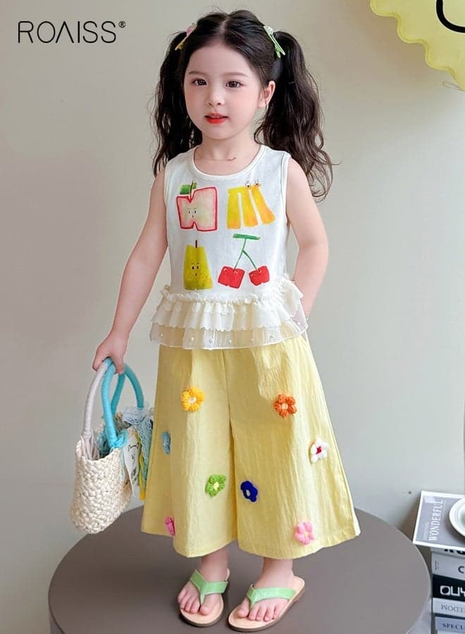 Girls 2PCS Clothing Set, Stylish Tank Top and Elastic Waist Pants Set for Girls, Summer Outfit with Fruit-patterned T Shirt and 3D Floral Pants, Suitable for Daily Wear or Any Occasion