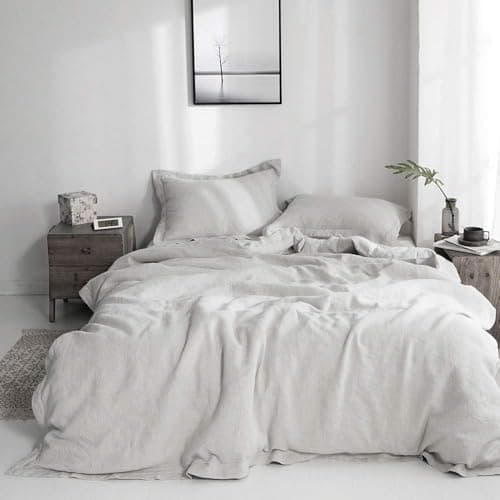 Simple&Opulence 100% Linen Duvet Cover Set with Embroidery Border Washed - 3 Pieces (1 Duvet Cover with 2 Pillow Shams) with Button Closure Soft Breathable Farmhouse - Light Grey, Queen Size