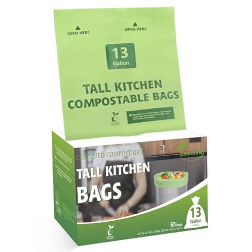 100 Compostable Trash Bags 13 Gallon 492 Liter 091 Mils 65 Count Kitchen Tall Food Scrap Compost Bags for Tall Kitchen Trash Cans with Europe EN13432 Certified