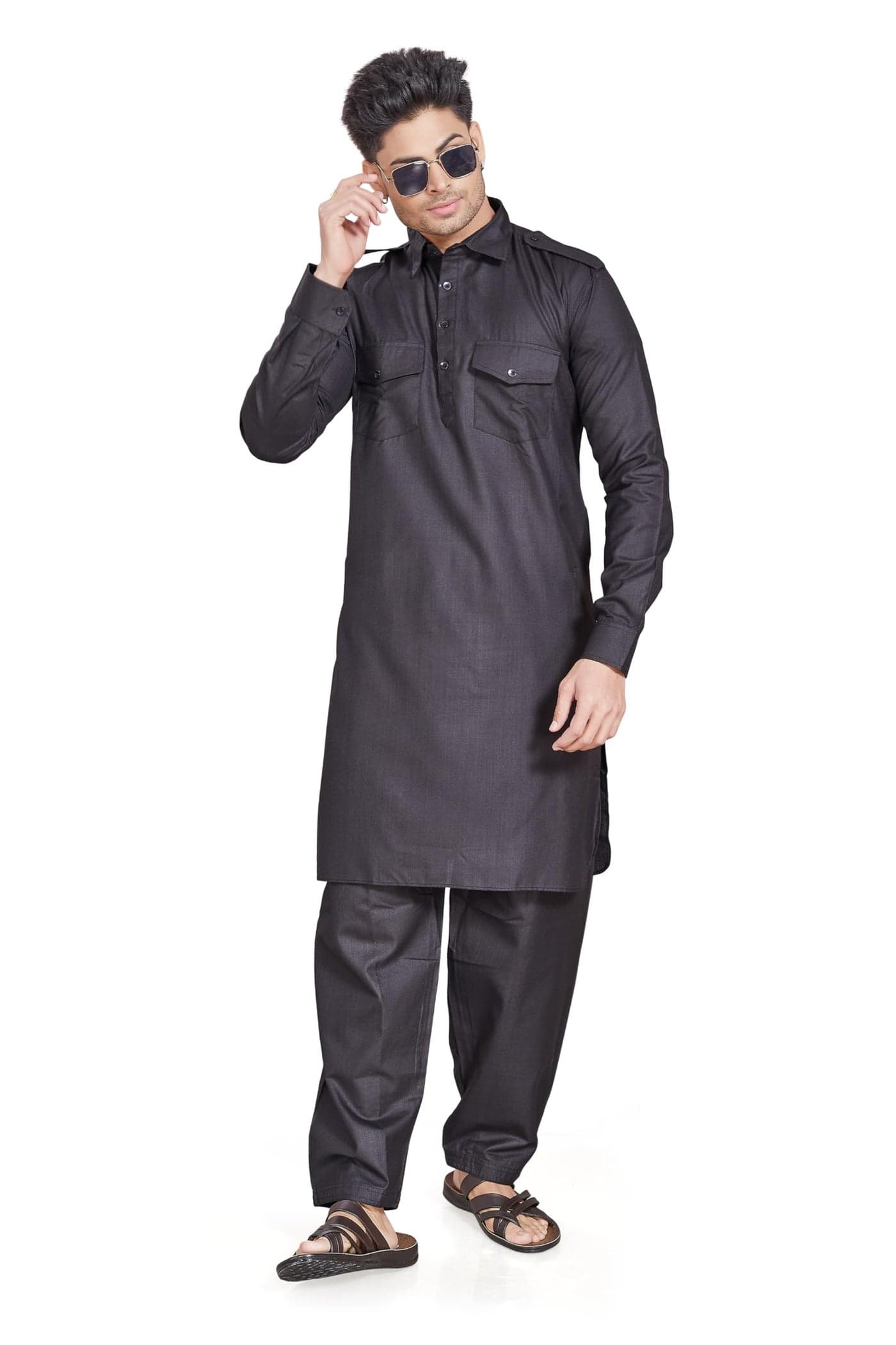 DIVISIVE Men's Cotton Blend Pathani Kurta Pyjama Set (DKRT455_XXL_Black)
