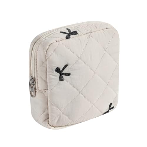 Small Quilted Cotton Makeup Bag for Purse, Cosmetic Bag with Compartments, Cotton Aesthetic Makeup Bag, Travel Toiletry Pouch, Key Pocket Lipstick Bag Card Holder Data Cable Organizer(06Beige Bow)