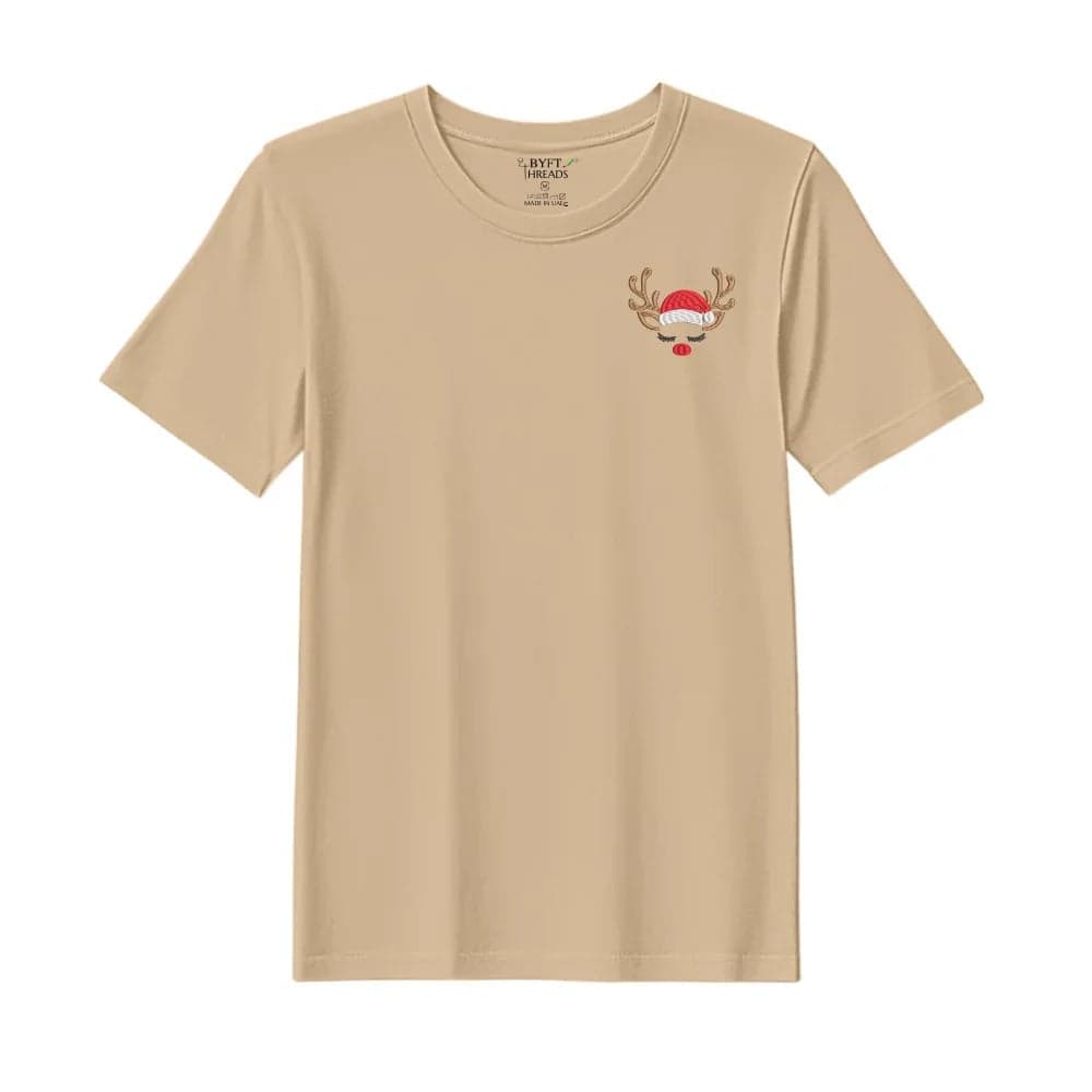 Threads Large Beige Polycotton T-Shirt - Christmas "Sleeping Reindeer Face" Embroidered Design, Premium Holiday Collection