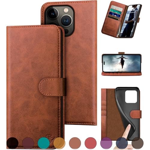 DuckSky Compatible with iPhone 16 Pro 6.3" Genuine Leather Wallet case【RFID Blocking】【4 Credit Card Holder】【Real Leather】 Flip Folio Book Phone case Cover Women Men for Apple 16 Pro case Light Brown